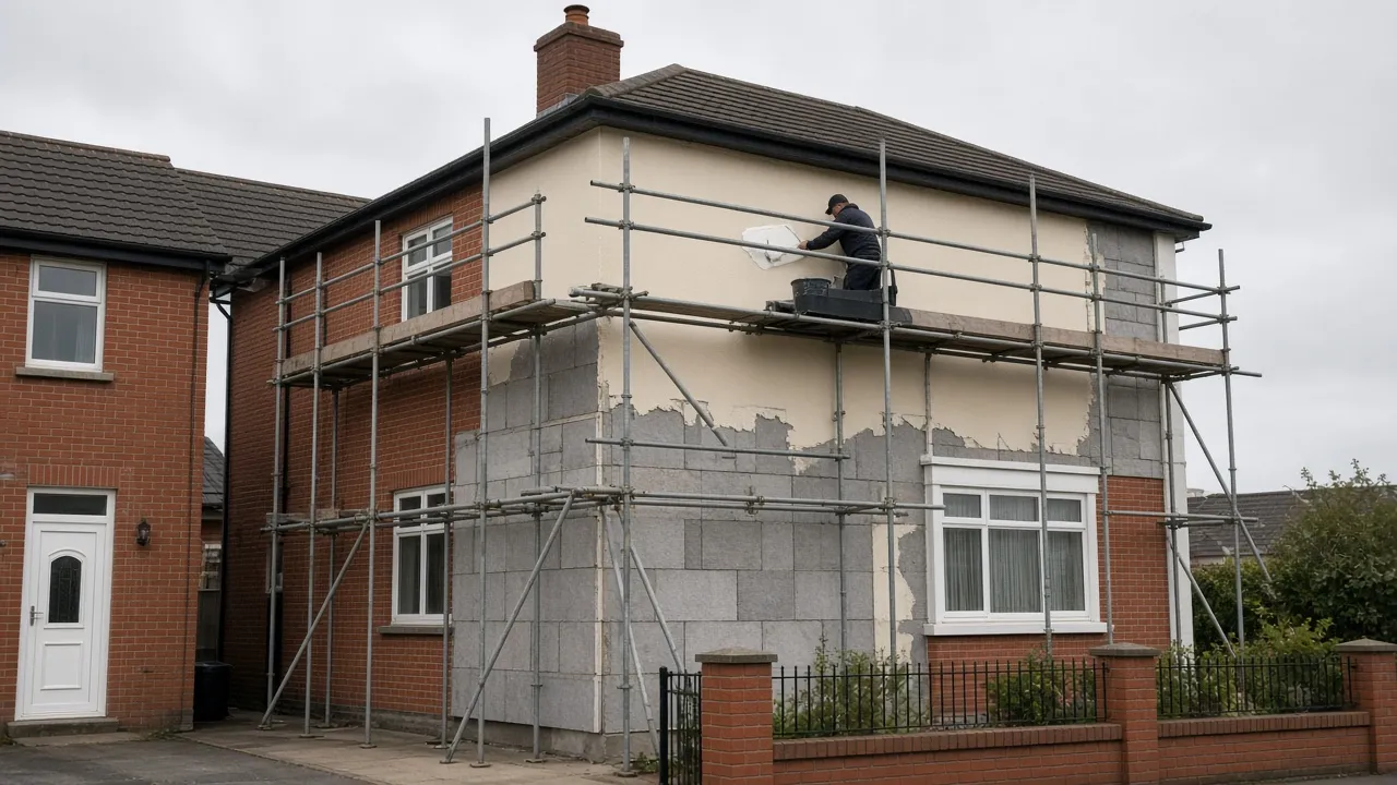 External wall insulation boards being rendered on a brick house