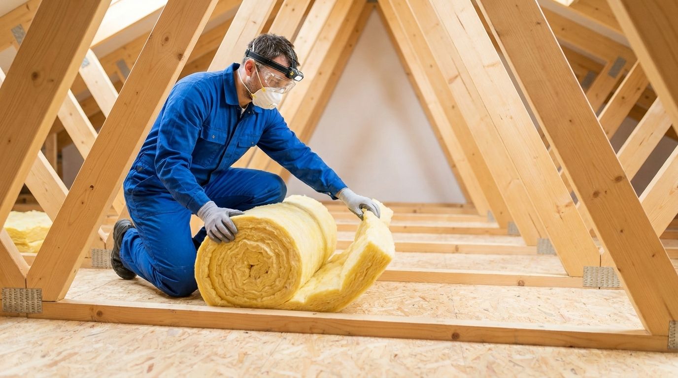 An installer fitting attic insulation in a qualifying home