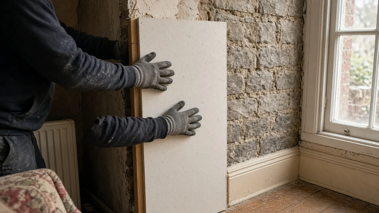 Internal wall insulation and plasterboard being fitted in a home