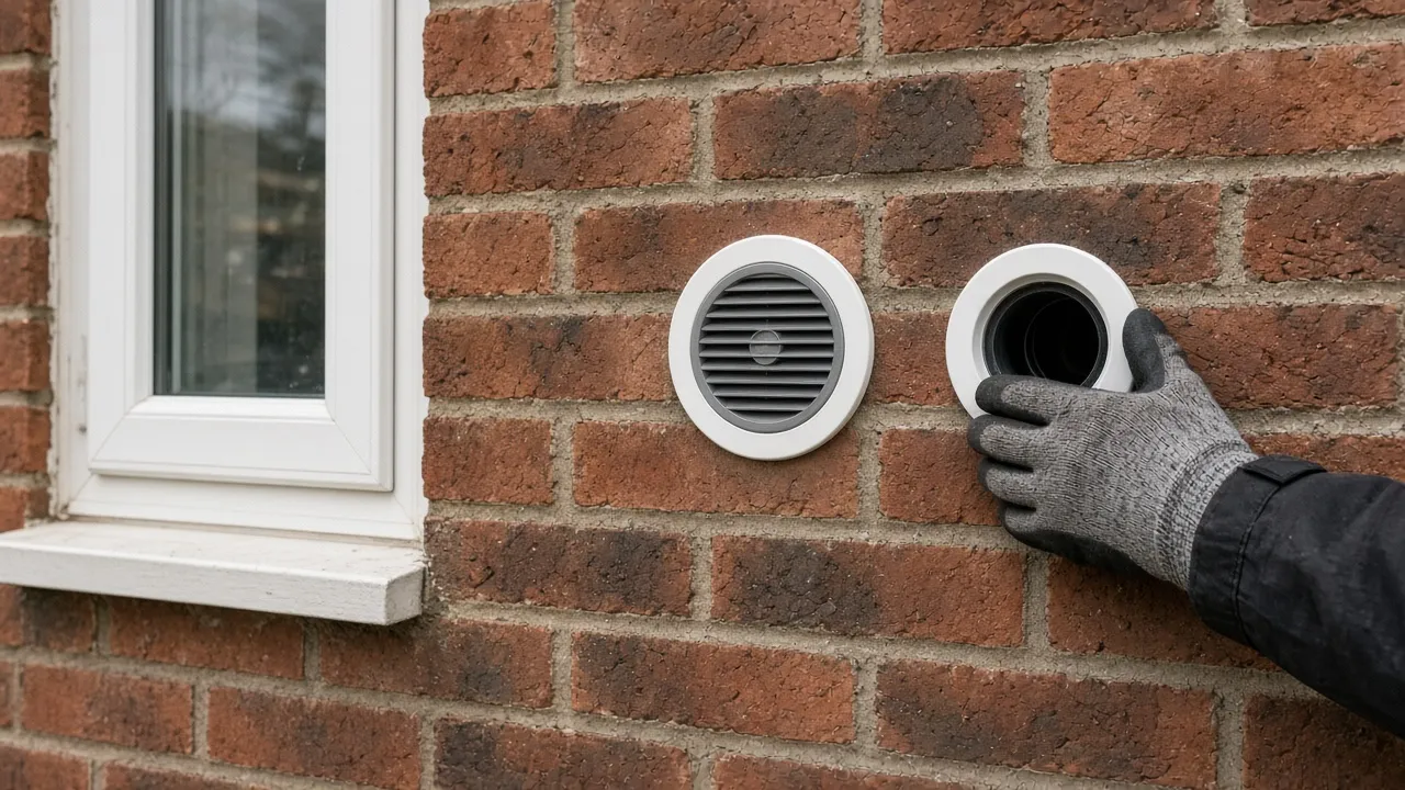 A wall ventilation grille being fitted on a brick house