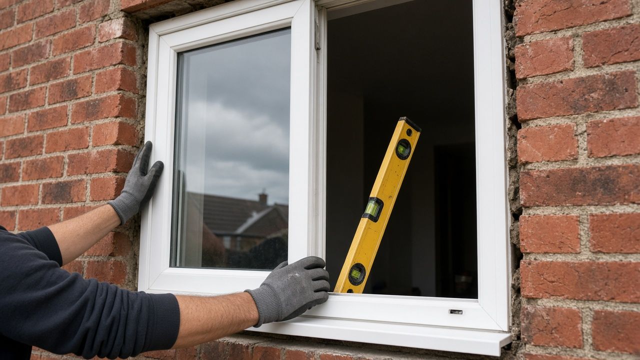 A uPVC window being fitted into a brick house